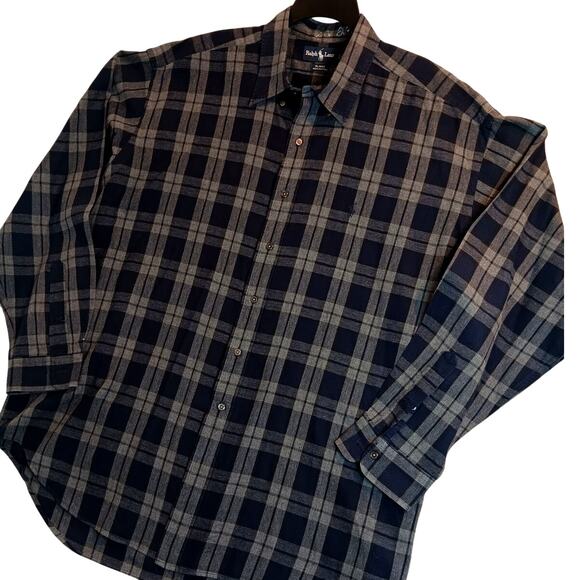 Ralph Lauren Vintage Blake Shirt XXL Navy/Gray Plaid Heathered Long Tail Big Man - Picture 1 of 13